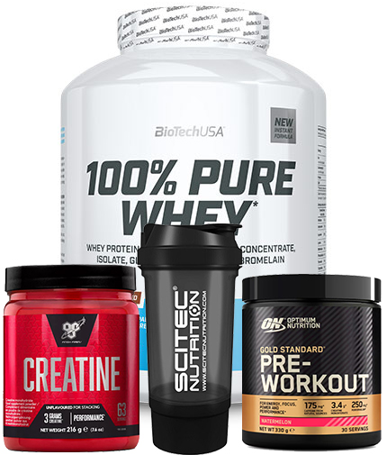 PROMO STACK BIOTECH USA 100% Pure Whey + Creatne + Pre Workout + Shaker